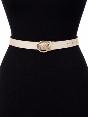 Michael Kors Cream Leather Belt with Gold MK Logo Buckle